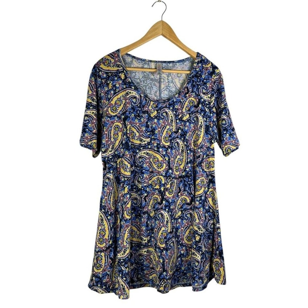 Boho Paisley Swing Dress Festival Cottagecore Soft Stretch Blue Yellow Women's L
